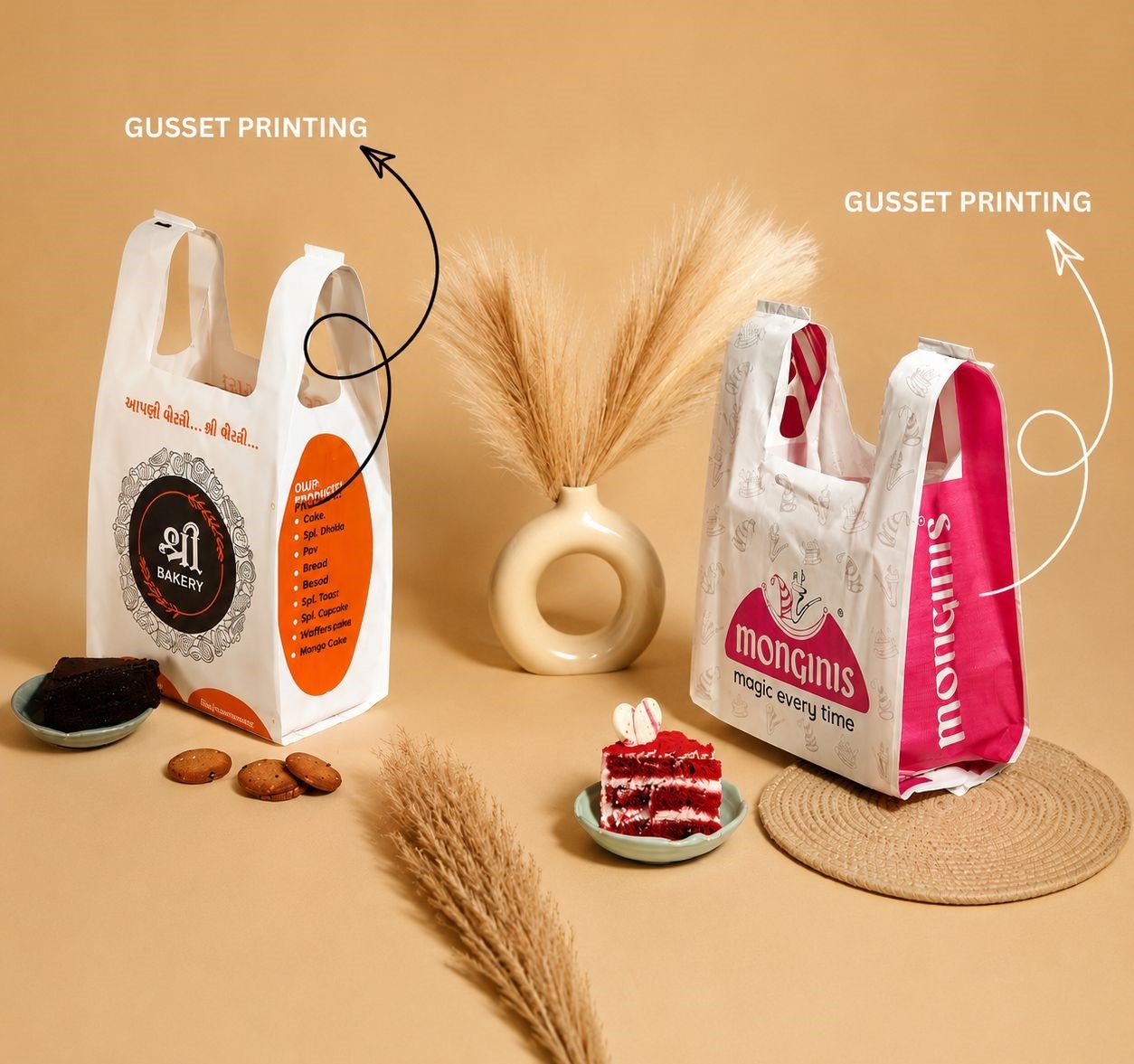Printed carry bag showcasing gusset printing on the side folds